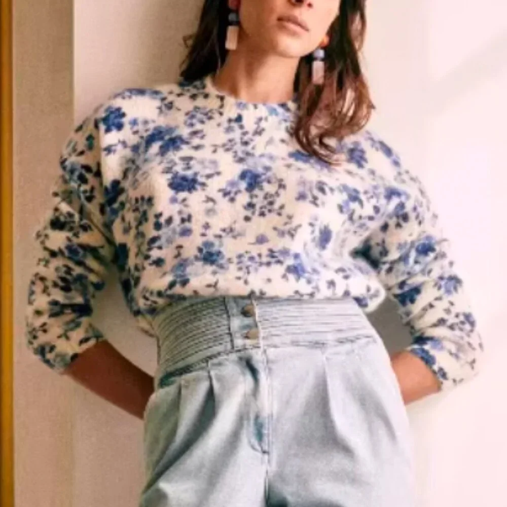 BEST Sezane Amaya Jumper Peonies Blue Ecru Ivory Floral Sweater Kid Mohair Frenc - Picture 4 of 13